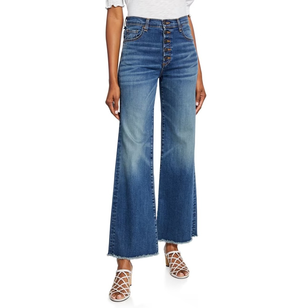 Veronica Beard Kirra Wide Leg Jeans Cadet Wash Button Fly Frayed Hem Size 31